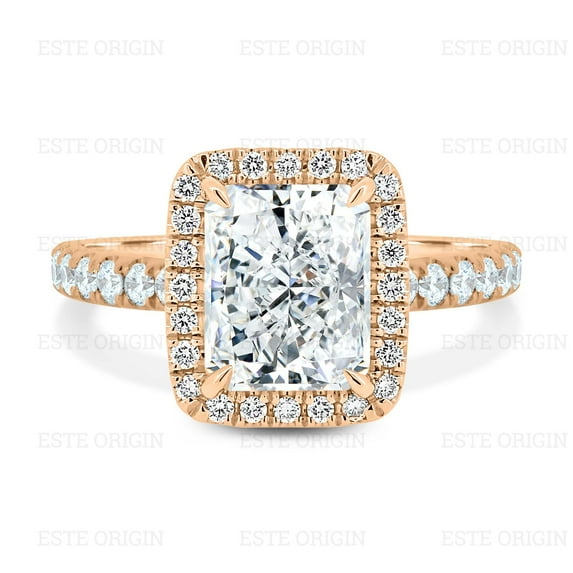 ESTE ORIGIN 4Ct Radiant Lab-Grown Diamond Halo Ring with Pavé Band in 10K Rose Gold for Women