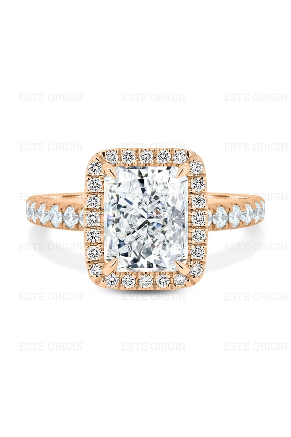 4Ct Radiant Lab-Grown Diamond Halo Ring with Pavé Band in 14K Rose Gold for Women
