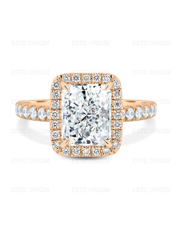 4Ct Radiant Lab-Grown Diamond Halo Ring with Pavé Band in 14K Rose Gold for Women