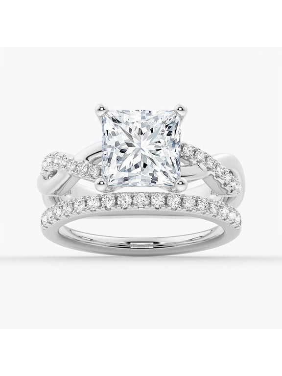 4Ct Square Lab-Grown Diamond Engagement Ring Set with Twisted Shank Bridal Ring Set 14K White Gold Ring Gift for Women US 4.5