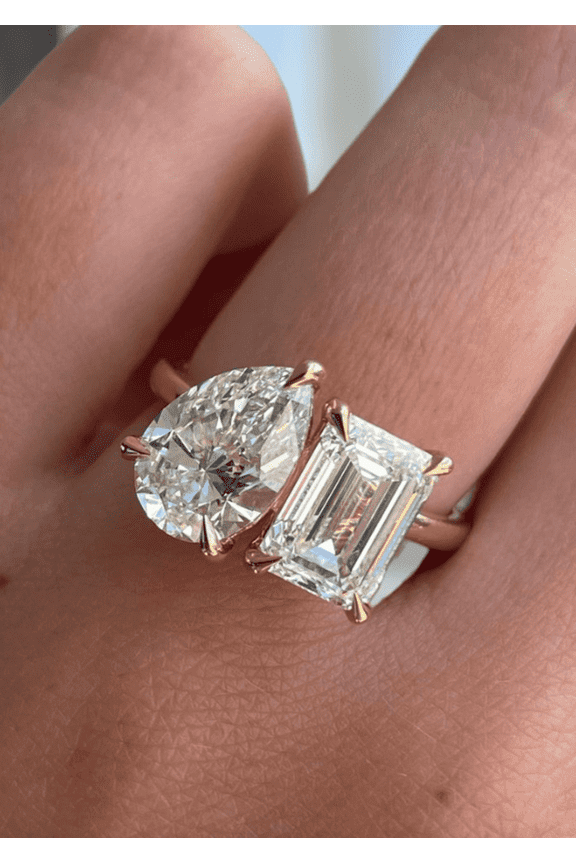 4Ct Toi Et Moi Ring - Pear & Emerald Cut Moissanite Diamond Engagement Ring in 14K Yellow Gold Two Stone Ring for Women, US 6.5.