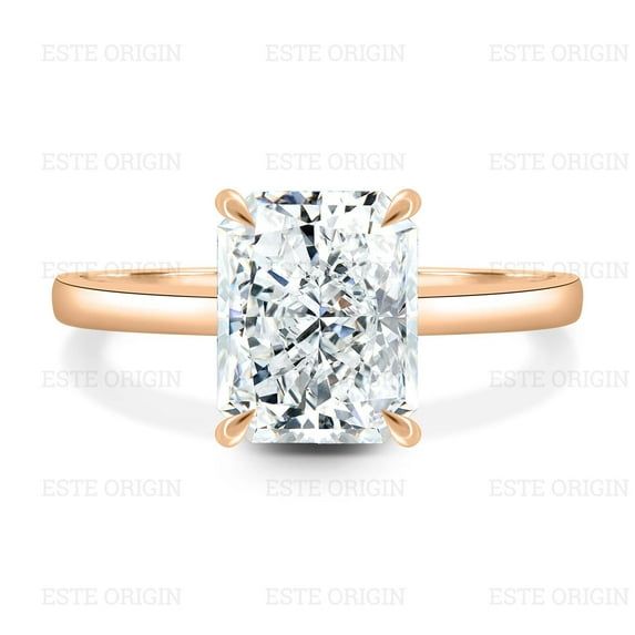 ESTE ORIGIN 4Ctw Radiant Moissanite Solitaire Engagement Ring with Hidden Halo in 18K Rose Gold for Women