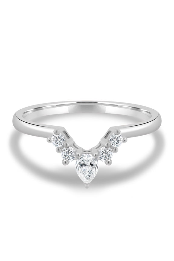 Curved Moissanite Wedding Ring – 0.37Ct Pear & Round Accent Stones, Stackable Band in 18K White Gold for Women