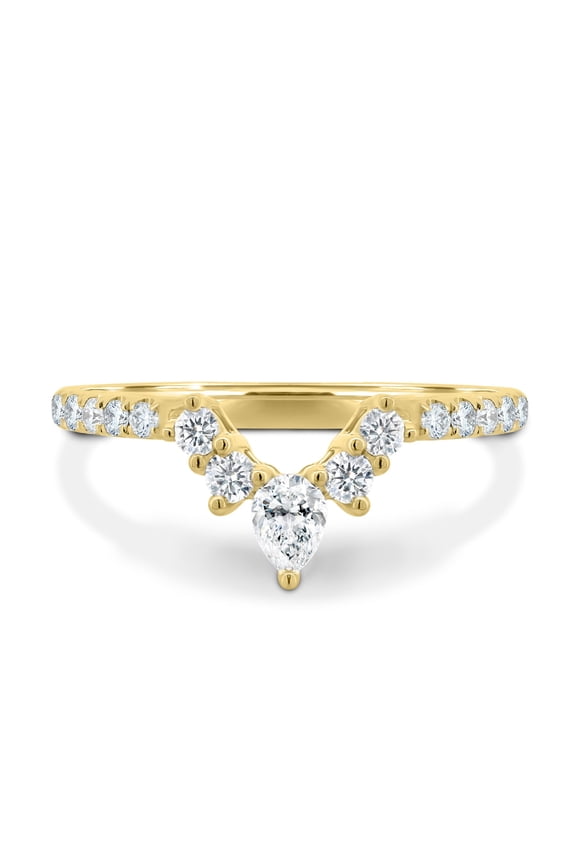 Moissanite Curved Pavé Wedding Ring – 0.51Ct Pear & Round Accent Band in 10K Yellow Gold for Women
