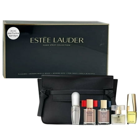 ESTEE LAUDER VARIETY by Estee Lauder 5 PIECE MINI VARIETY WITH PLEASURES & MODERN MUSE LE ROUGE & MODERN MUSE & PURE WHITE LINEN & BEAUTIFUL & COSMETIC BAG AND ALL ARE EDP SPRAY MINIS