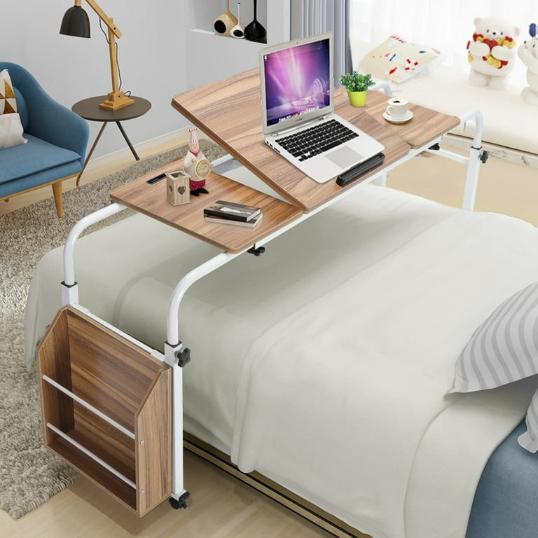 Adjustable Height Angles Overbed Table with Wheels Multifunction Mobile Over Bed Desk Laptop Cart Computer Desk Rolling Study Table W Side Storage