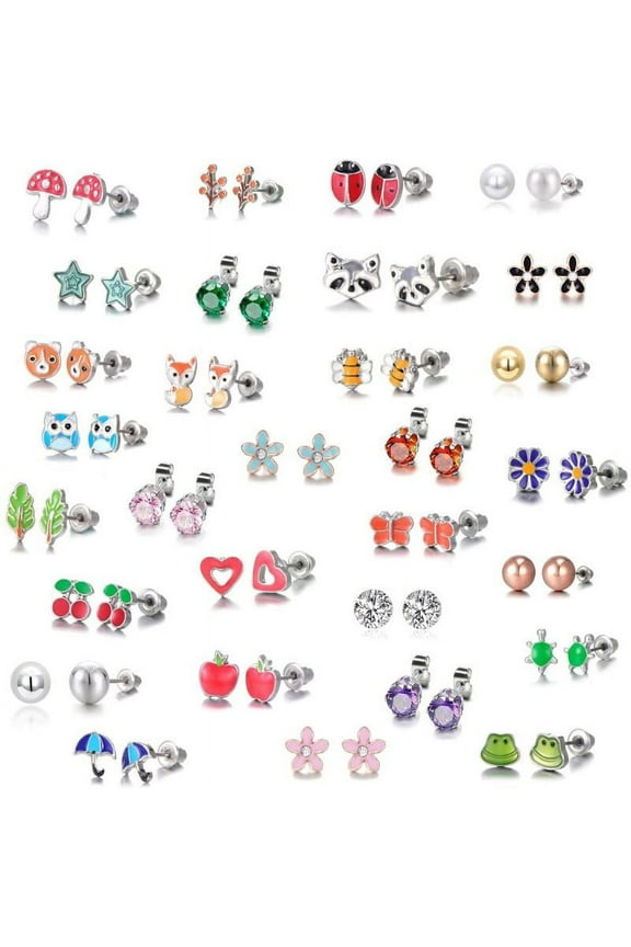 E 30 Pair Stainless Steel Mixed Bee Frog Tree Daisy Umbrella Stud Earrings Set Kit