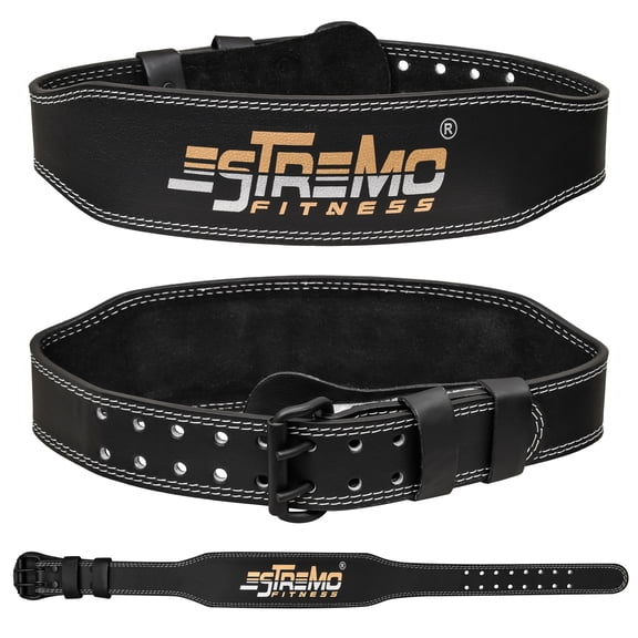 ESTREMO Weightlifting Belt - Genuine Leather 4 inches Wide Back Support Belt. Adjustable with Steel Buckle. Ideal for Gym and Lifting. Lower Back Support for Men and Women- Black
