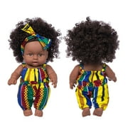 ESULOMP Black Baby Doll, 8 inch American African Black Girl Doll with Dress, Realistic Reborn Baby Doll for Kids Aged 2 3 4 5 6, Silicone Small Black Doll Toy with Curly Hair for Birthday