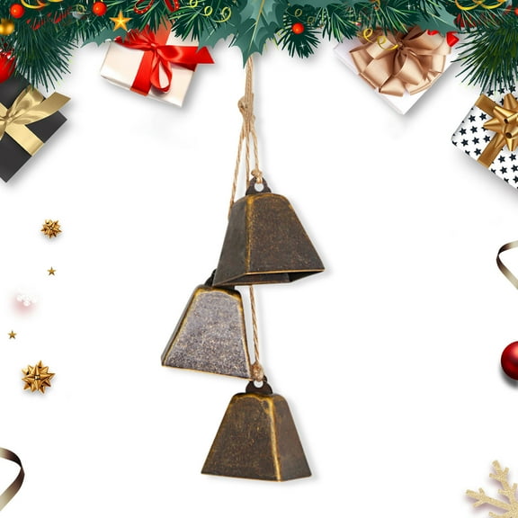 ESULOMP Christmas Bells, Set of 3 Christmas Bell Brass Cow Shabby Style Rustic Metal Hanging Giant Cow Bells Decor 4inch Hx3inch W/pcs