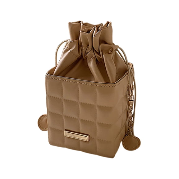 ESULOMP Fashion Women Leather Checker Pattern Drawstring Chain Shoulder Crossbody Messenger Bag Casual Ladies Solid Color Small Handbags Purse