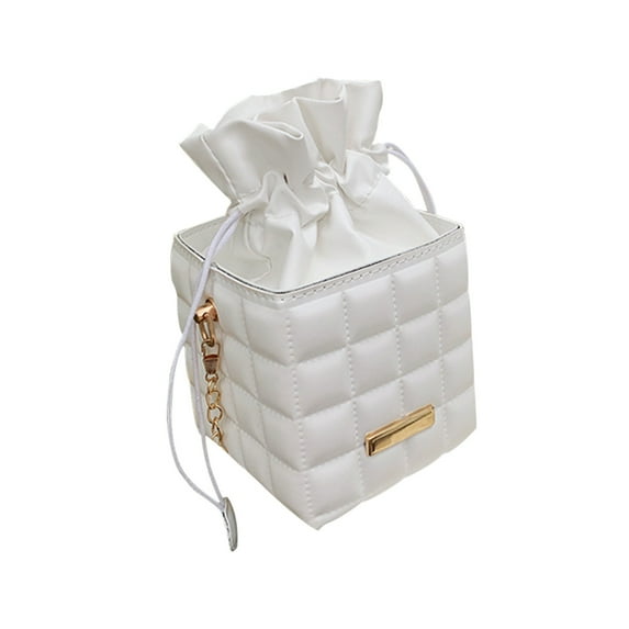 ESULOMP Fashion Women Leather Checker Pattern Drawstring Chain Shoulder Crossbody Messenger Bag Casual Ladies Solid Color Small Handbags Purse