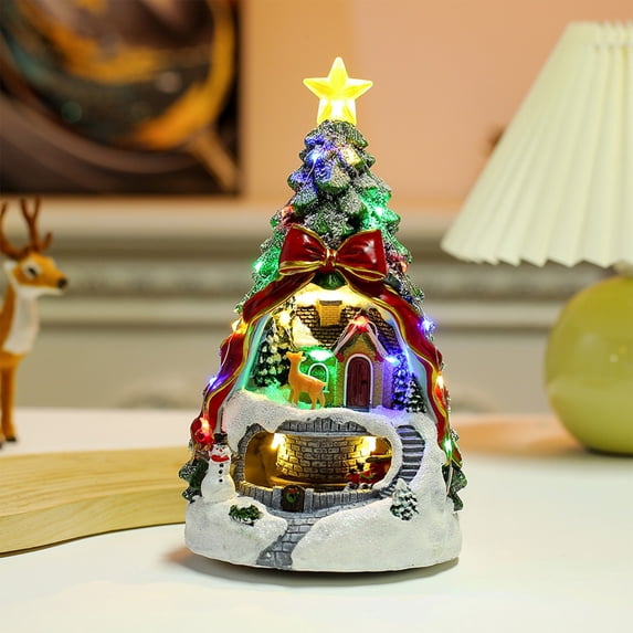 ESULOMP Small Christmas Tree, Christmas Decorations Light Up Music Train House Christmas Tree Snow House Desktop Ornaments Music Box Christmas Gift