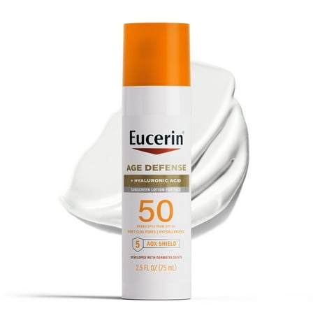 Eucerin Sun Age Defense Face Sunscreen Lotion, Hyaluronic Acid, Non-Comedogenic, SPF 50, 2.5 fl oz