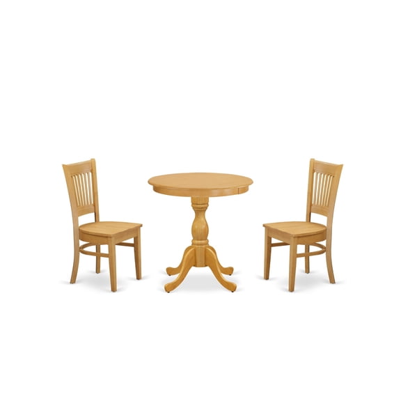 ESVA3-OAK-W-VV 3-Pc Dining Room Table Set - Mid-Century Wooden Chairs & Round Table with Pedestal Legs - Oak Finish - Easy Assembly & Compact Size