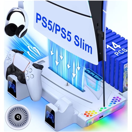 ESYWEN PS5 Stand for PS5/PS5 Slim with Cooling Stand, PS5 Cooling Station for Playstation 5 Slim,Digital Edition&Disc with 14 Game Slots, PS5 Accessories
