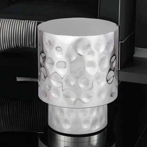 ET-90-30-16 Modern Silver Metal End Table - 16" Round Freestanding Accent Side Table with Glossy Hand-Hammered Stainless Steel for Living Room, Bedside, Entryway