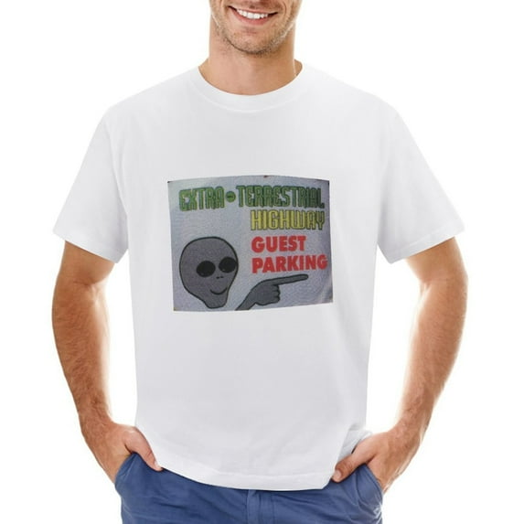 ET Highway Sign Men’s T-Shirt 100% Cotton Casual Short Sleeve Tops Gift Tee White 2XL