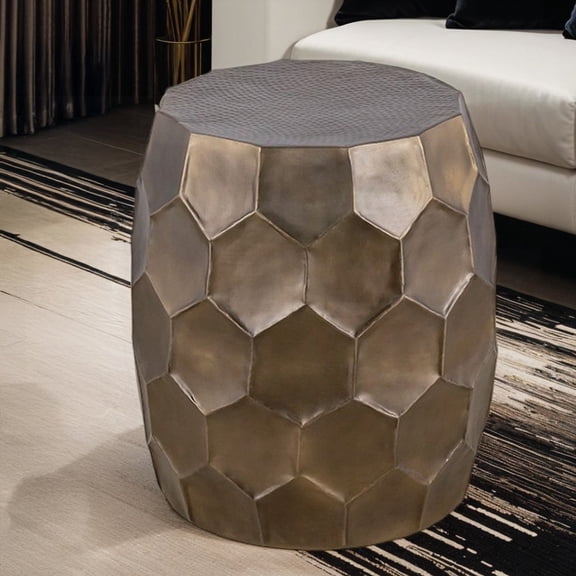 ET101: Modern Aluminum End Table, 21" High & 18" Wide, Hand-Hammered Hexagonal Design in Antique Gold