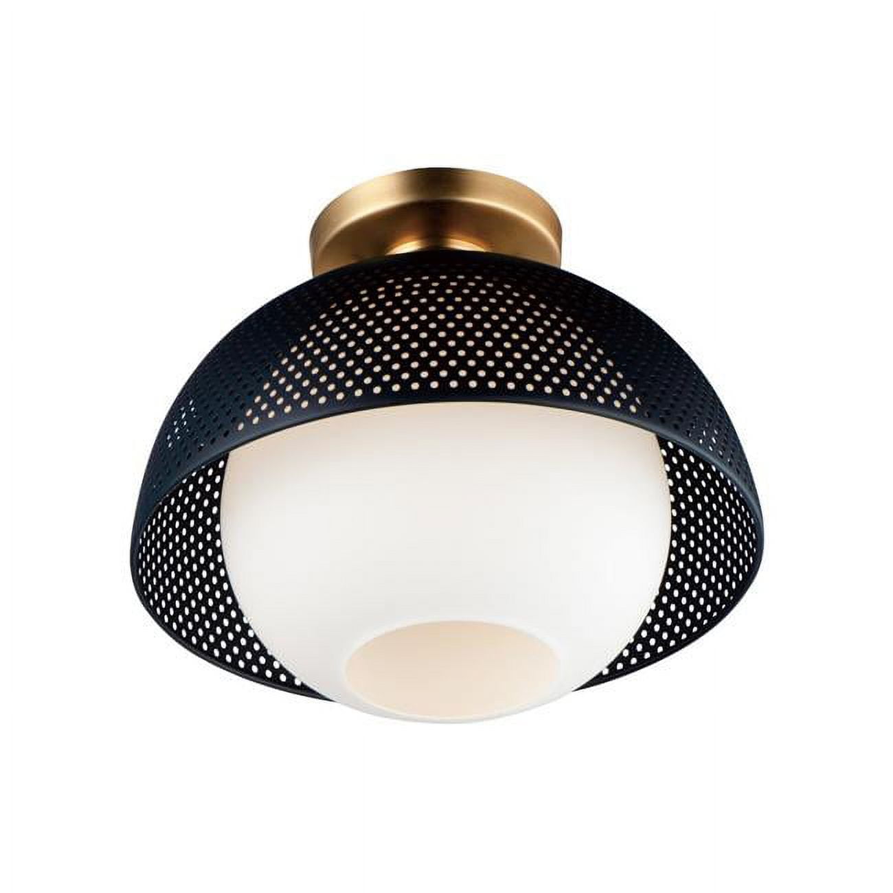 Matte Black and Satin Brass Globe Flush Mount with White Glass Shade