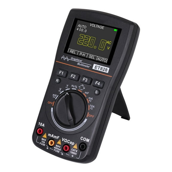 ET828 2-in-1 Smart Digital Oscilloscope and Multimeter, 1MHz Bandwidth, 2.5Msps Sampling Rate, 4000 Count Auto Range, Data Storage, Black