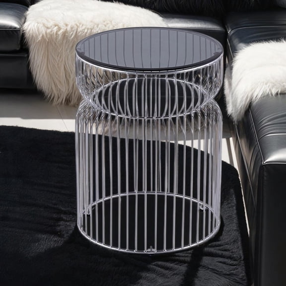 ET901 Chrome Modern Contemporary Metal Nested Base with Tinted Tempered Glass Top, 21" Height, Living Room Side Table