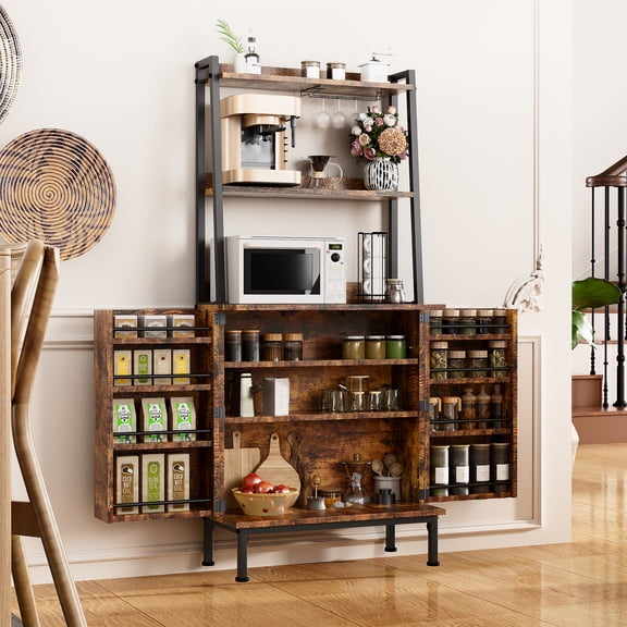 ETASE 58'' Pantry Cabinets with Microwave Shelves, Freestanding Kitchen Storage Cabinet with Adjustable Shelves, Buffet Cupboards for Kitchen/Dining Room/Living Room, Brown