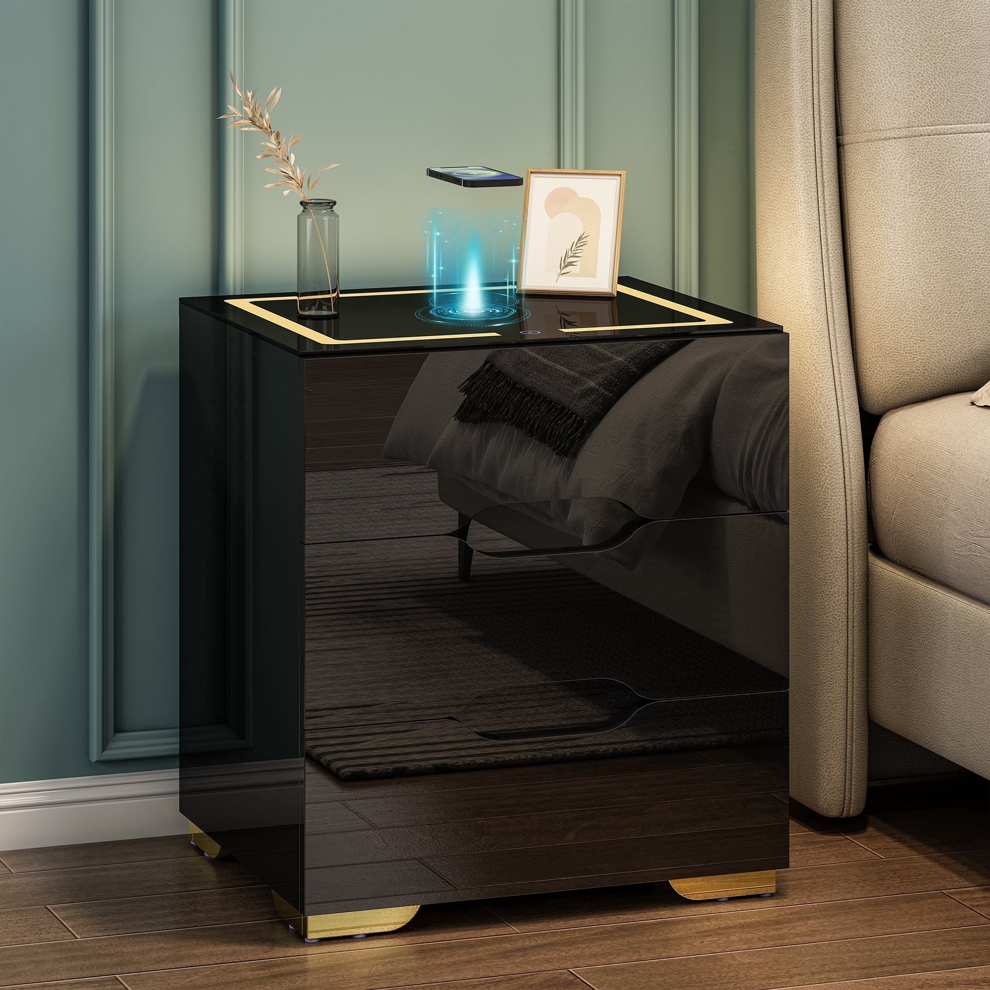 ETASE Black Nightstand with Wireless Charging Station & USB Charging, High Gloss Smart Bedside Table with Adjustable LED Lights, End Table Organizer for Bedroom Living Room Office Use