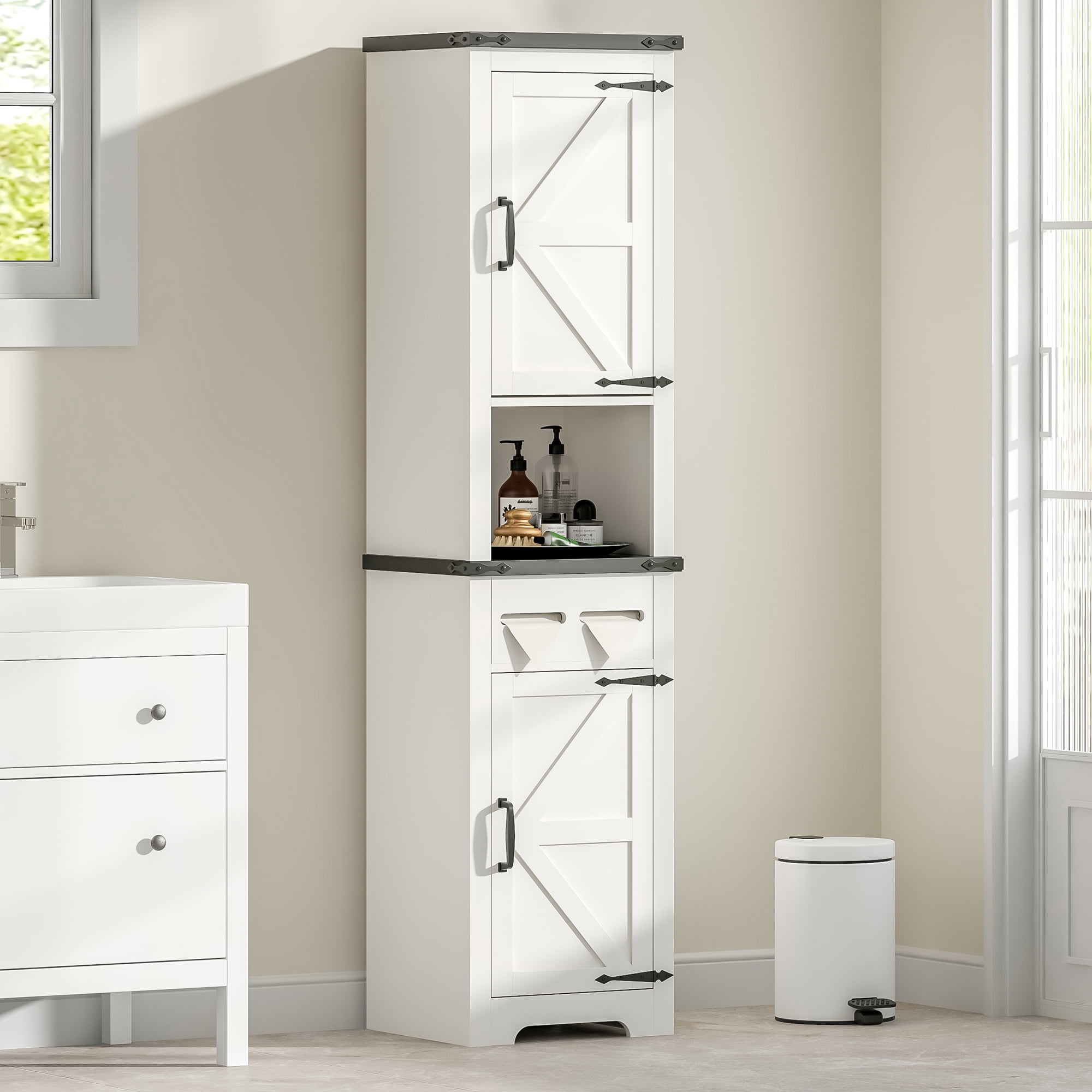 ETASE Tall Bathroom Cabinet with Adjustable Shelves Paper Holders Farmhouse Bathroom Floor Storage Cabinet Narrow Tall Storage Cabinet for
