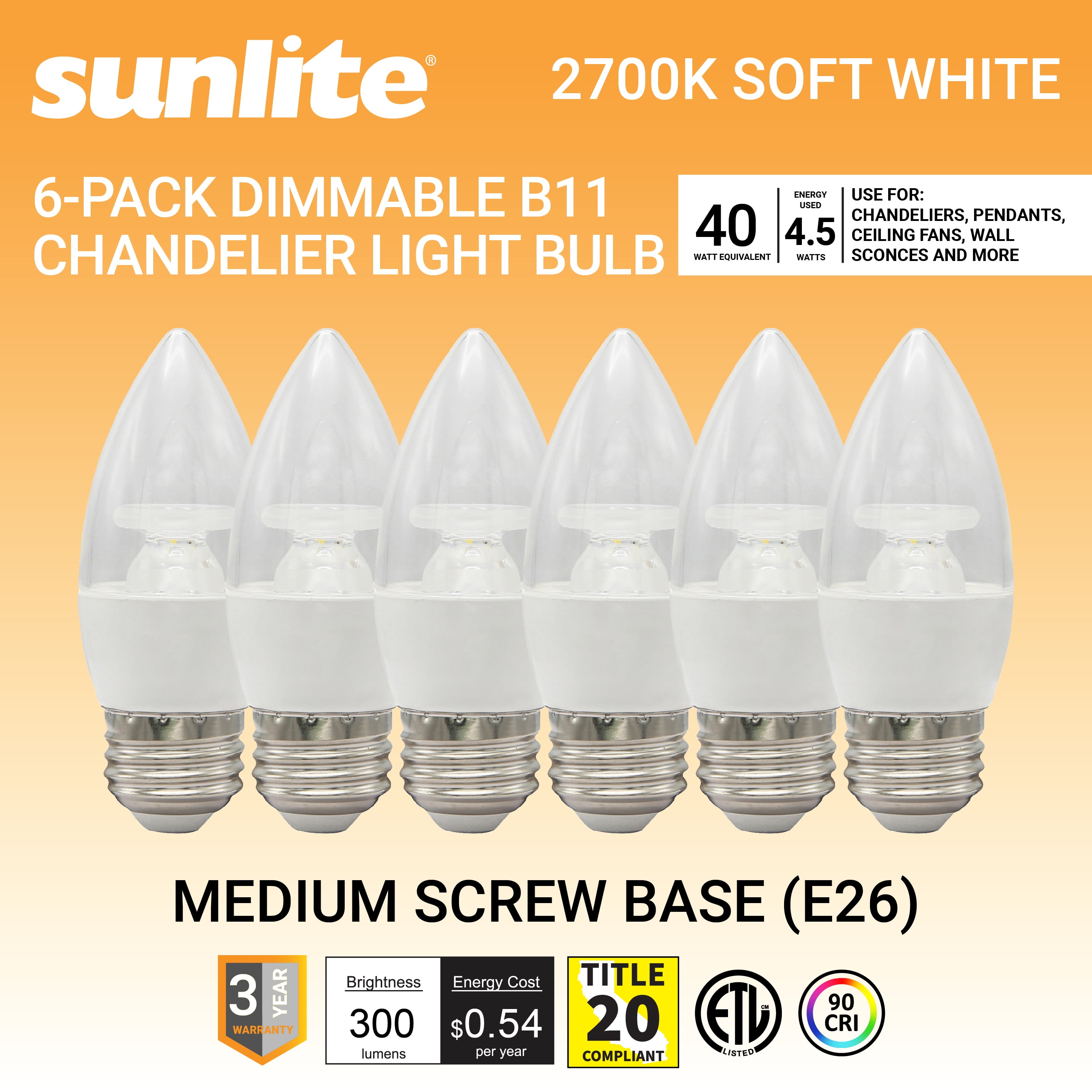 Sunlite LED B11 Clear Chandelier Light Bulb, 4.5 Watts (40W=), 300 Lumens, 120 Volts, Dimmable, Medium E26 Base, 90 CRI, ETL Listed, Torpedo Tip, 2700K Soft White, 6 Pack
