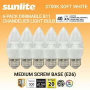 Sunlite LED B11 Clear Chandelier Light Bulb, 4.5 Watts 40W=, 300 Lumens, 120 Volts, Dimmable, Medium E26 Base, 90 CRI, ETL Listed, Torpedo Tip, 2700K Soft White, 6 Pack