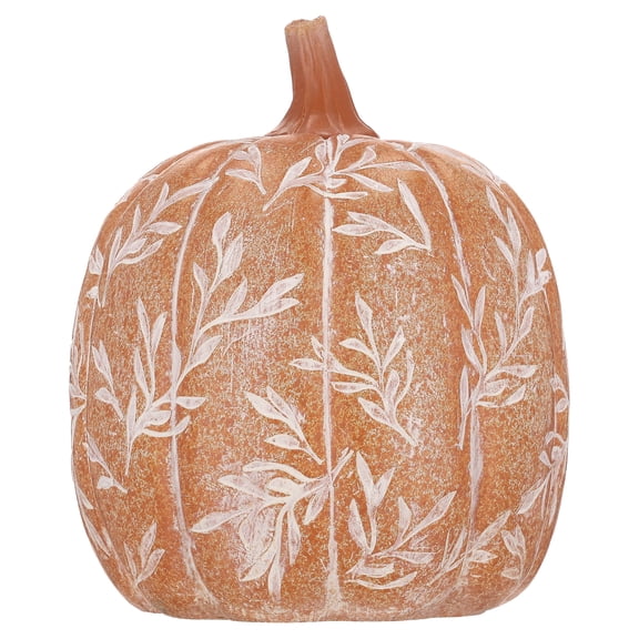 Large Etched Leaf Resin Pumpkin Decoration, Orange and White, 8", Fall by Way To Celebrate