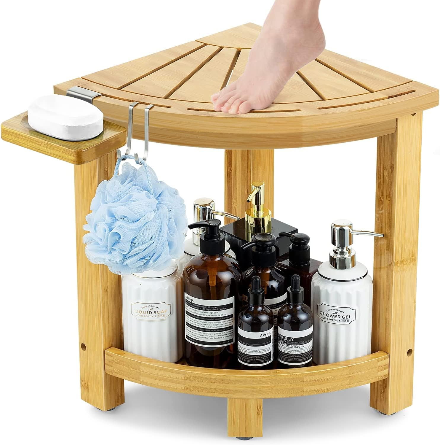 ETECHMART Bamboo Corner Shower Stool for Shaving Legs Foot Rest with