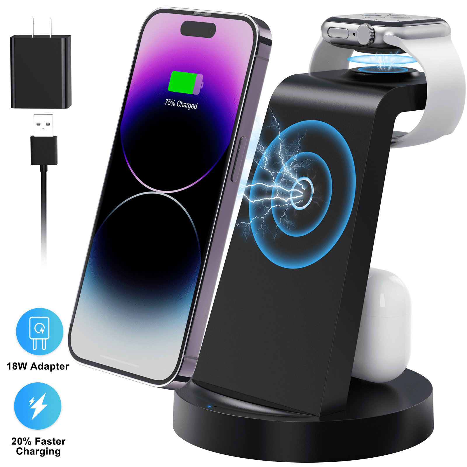 ETEPEHI 3 in 1 Charging Station for iPhone, Wireless Charger for iPhone 14 13 12 11 X Pro Max & Apple Watch - Charging Stand Dock for AirPods - Walmart.com