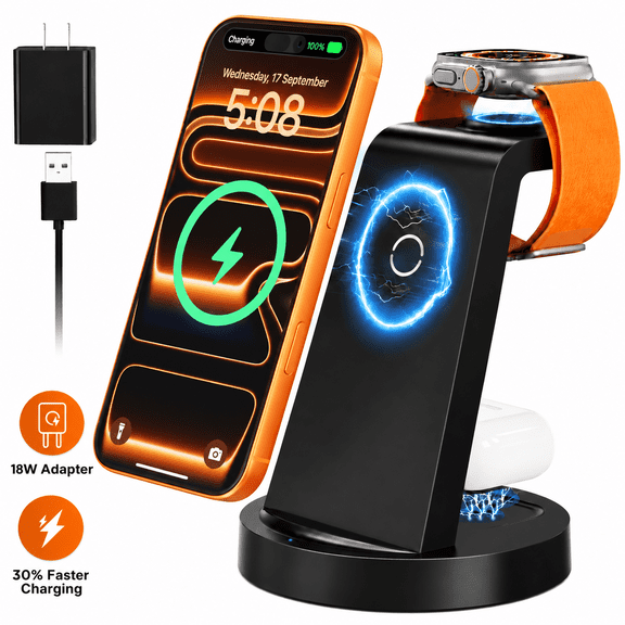 ETEPEHI 3 in 1 Wireless Charger for iPhone - 18W Charging Station Compatible with iPhone 18/17/16 Pro Max-8, iWatch & Air Pods 4 3 Pro, Black