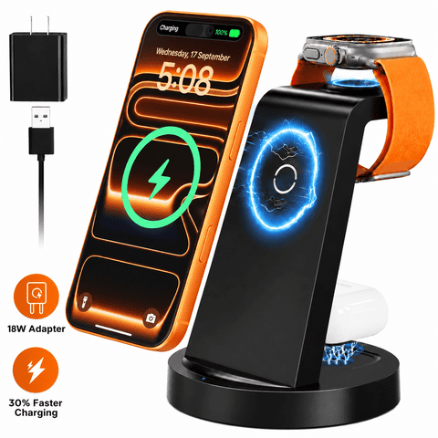 ETEPEHI 3 in 1 Wireless Charger for iPhone - 18W Charging Station Compatible with iPhone 18/17/16 Pro Max-8, iWatch & Air Pods 4 3 Pro, Black