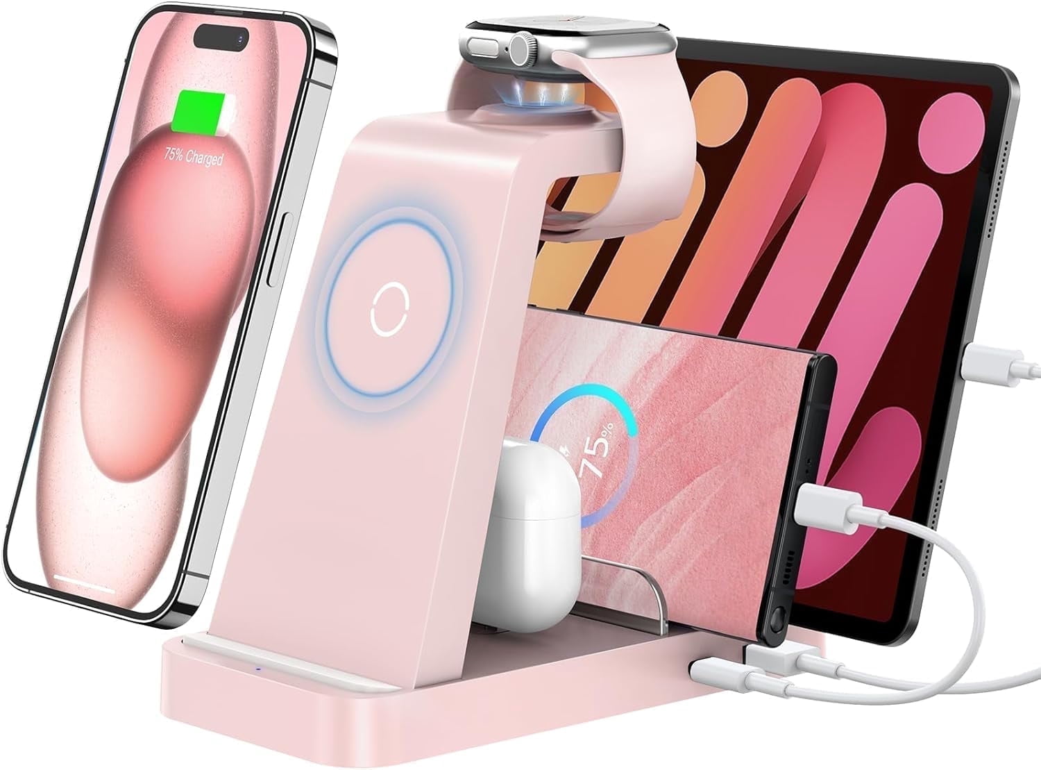 ETEPEHI Charging Station Compatible for iphone: 5 in 1 Wireless Charger Compatible for iPhone iWatch & Airpods (Pink)