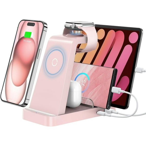 ETEPEHI Charging Station Compatible for iphone: 5 in 1 Wireless Charger Compatible for iPhone iWatch & Airpods (Pink)