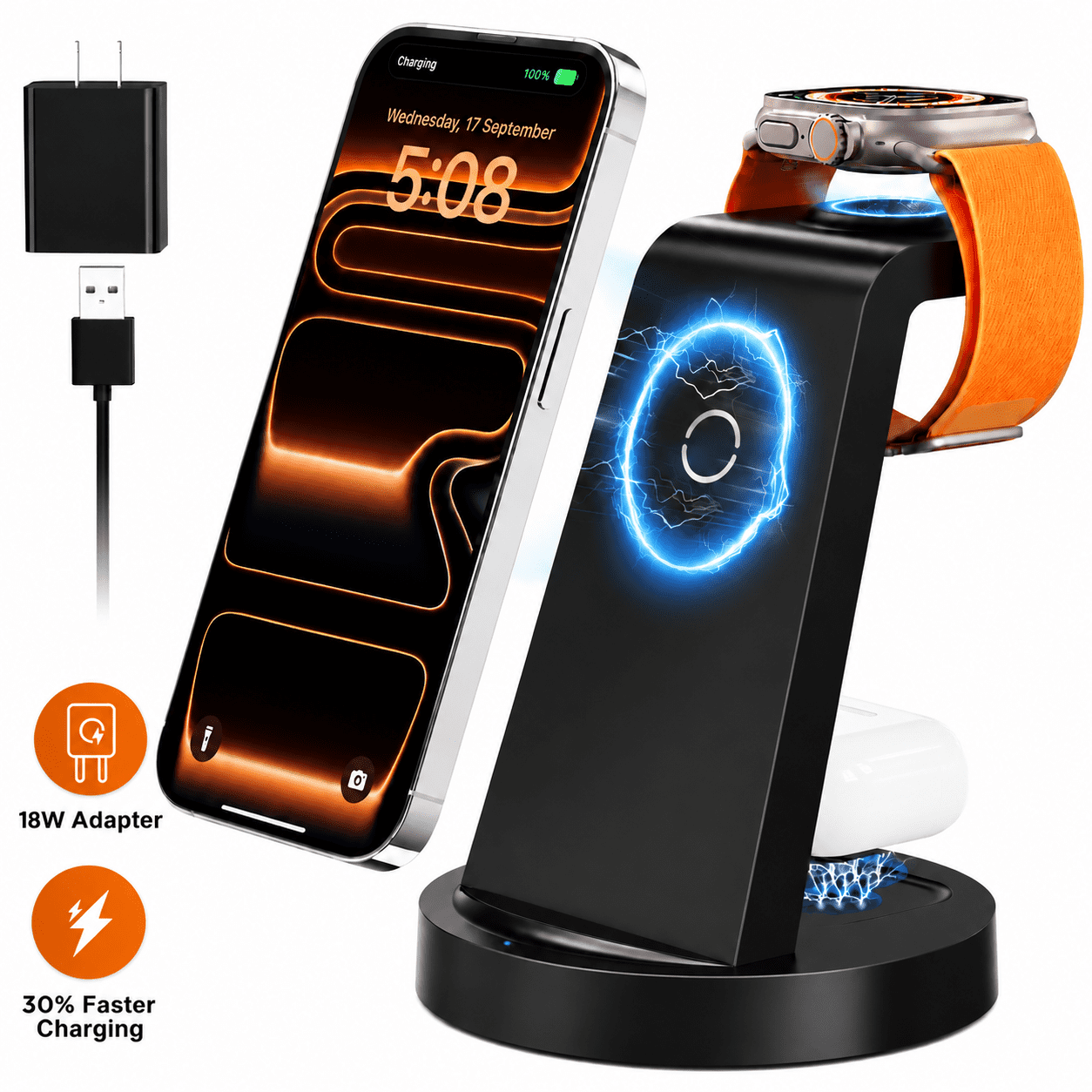 ETEPEHI 18W Wireless Charger for iPhone - 3 in 1 Charging Station Compatible with iPhone 17/16e/16/15/14/13/12 Pro Max, for iWatch & Air Pods 4 3 Pro, Black