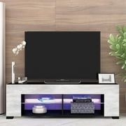 ETEPON TV Stand for 32-60 Inch TVs Modern Low Profile Black+Stone Grey Entertainment Center with LED Lights 57 Inch Small TV Console Media Table with Glass Shelves and Hidden Side Bookshelf for Living