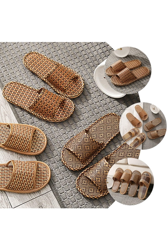 1Pair Brown Rattan Straw Indoor Shoes with PVC Sole Lightweight and Comfortable