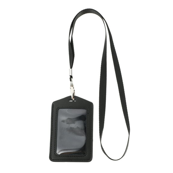 ETEREAUTY 1Pc Black Id Holder with Removable Lanyard PU Badge Holder for Safe Identification Storage