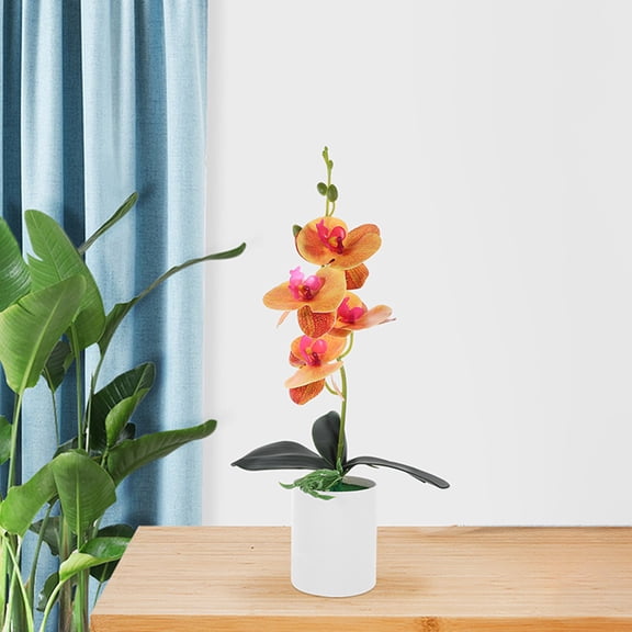 ETEREAUTY 2Pcs Artificial Potted Orchid Flower with Lifelike Orange Details for Home Desktop Decoration