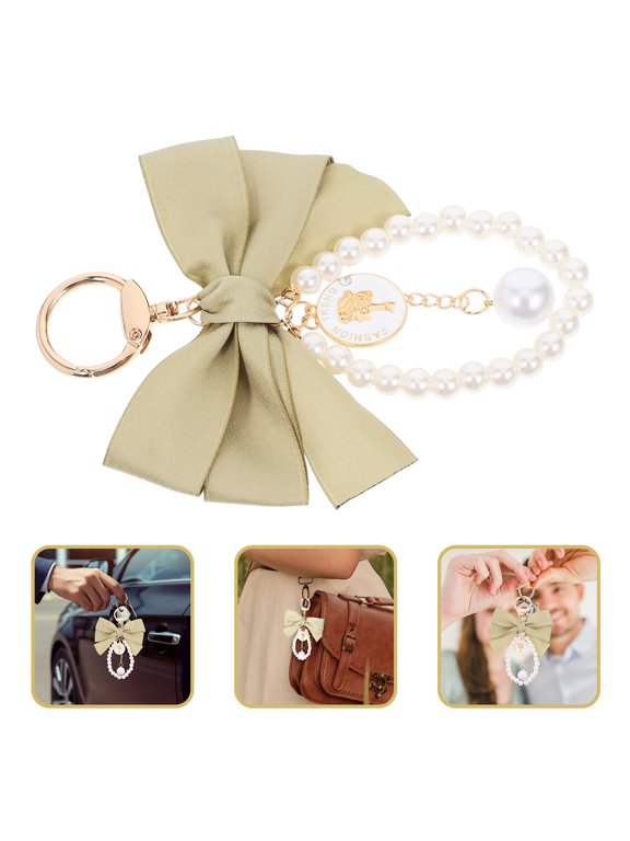 Charming Light Green Bow Keychain with Pearls and Tassel for Bag Ornament