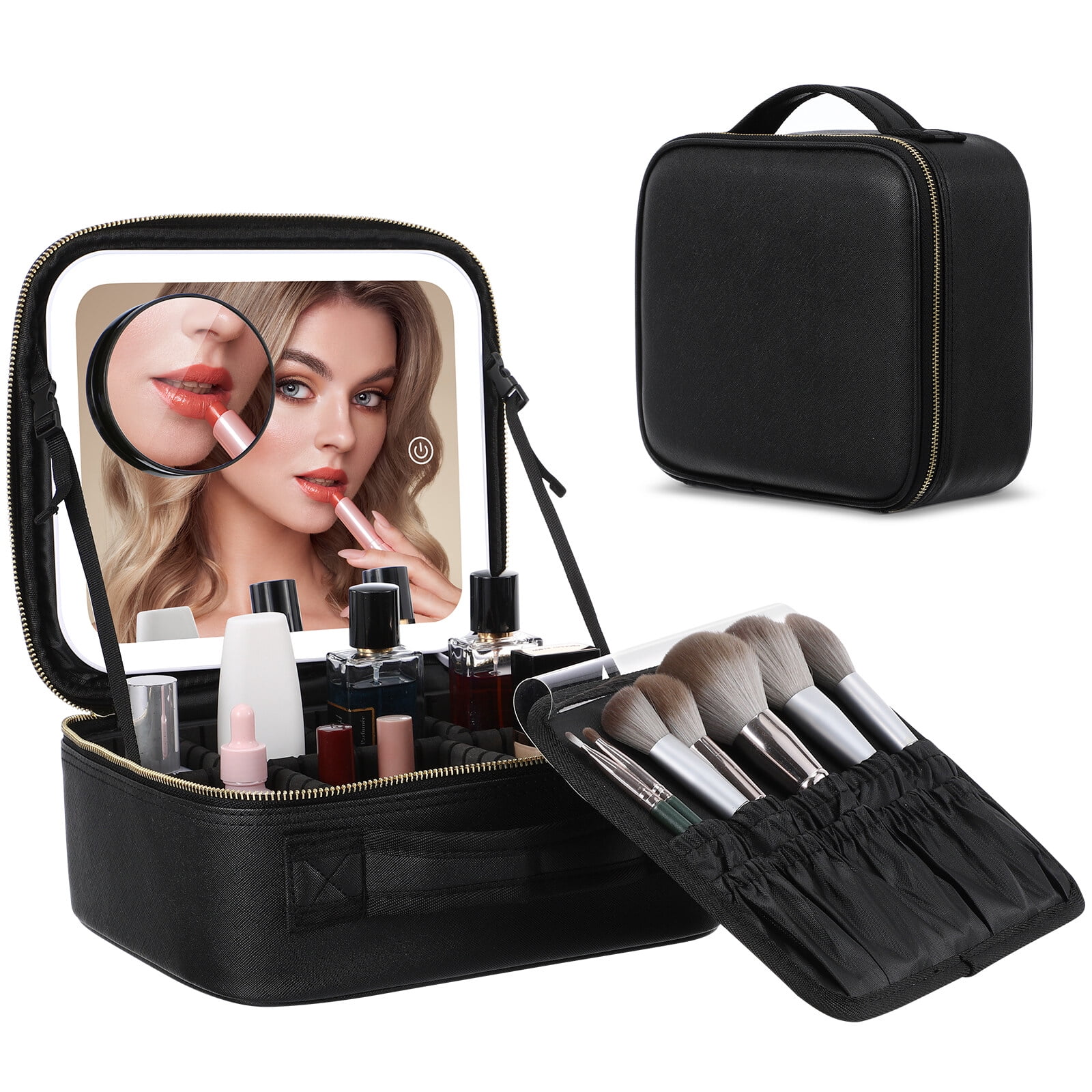 PartyKindom Portable Black Travel Makeup Case with Adjustable LED Light Mirror Organizer