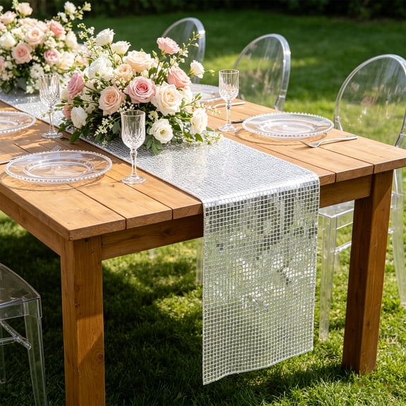 ETEREAUTY Plated Silver Sequin Table Runner for Party with Disco Grid Pattern Luxury Shine and Wrinklefree Smooth Finish