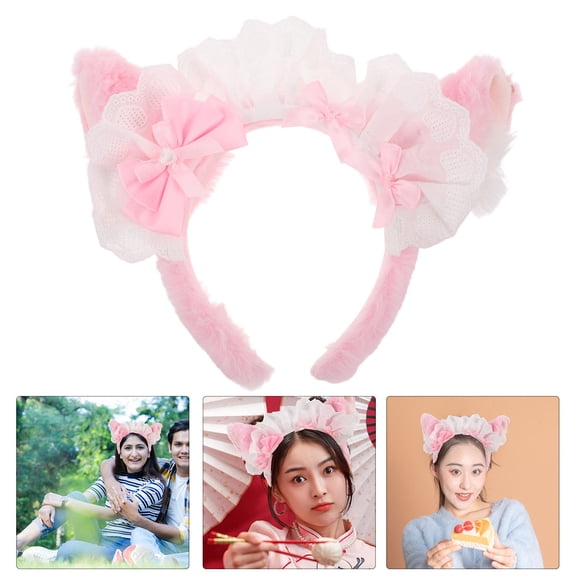 ETEREAUTY Plush Pink Cat Ears Headband with Bowknot Soft Elastic Hairband for Events