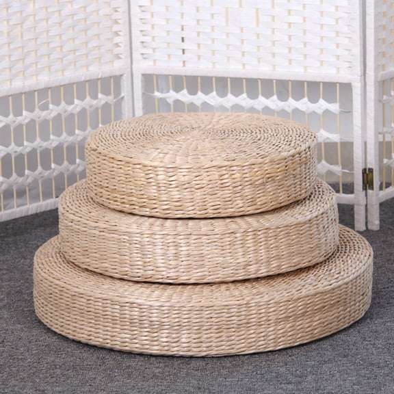 ETEREAUTY Khaki Tatami Straw Weaving Cushion Hand-Woven Round Yoga Mat for Resting and Meditating