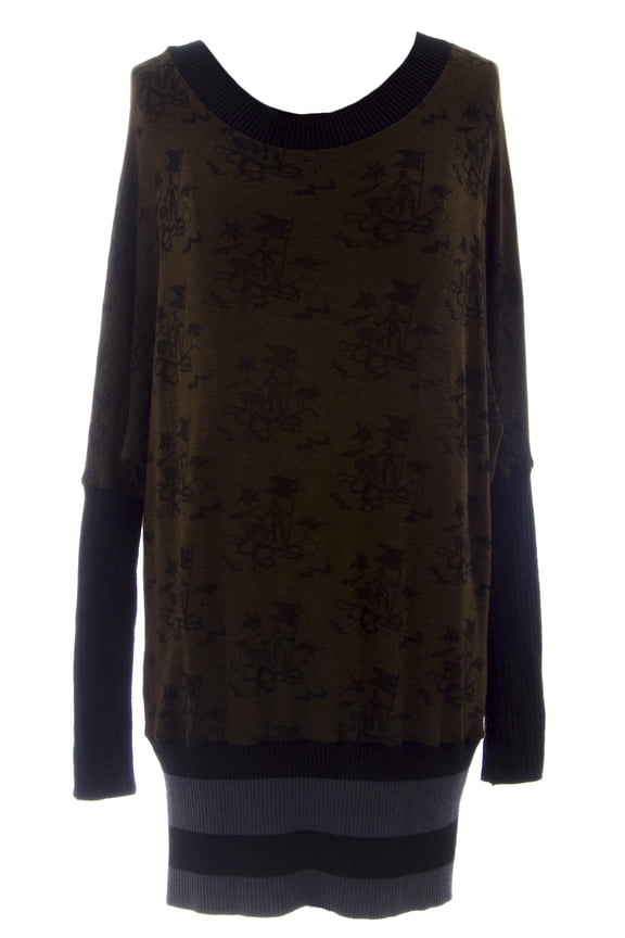Womens Brown/Black Printed Batwing Boatneck Tunic Sweater Sz M NEW