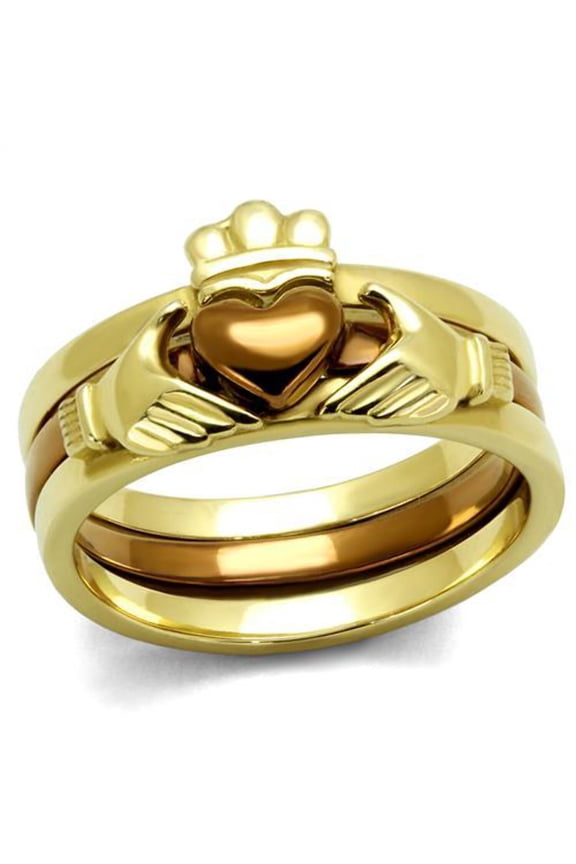 Women's Silver Claddagh Celtic Irish Fashion Comfort Statement Love Ring - Gold Brown 3pc Set